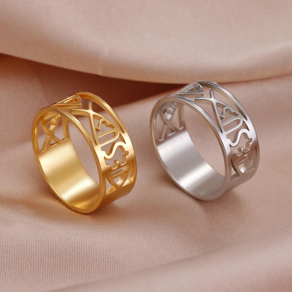 Cazador Jesus Fish Rings for Women Men Stainless Steel Christian Symbol Jewelry Finger Rings Amulet Birthday Anniversary Gift