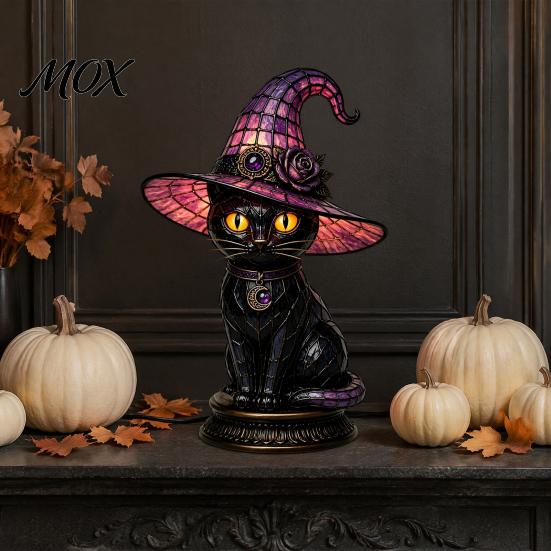 Luce Notturna Decorativa di Halloween Gatto Nero Cappello da Strega Lampada da Tavolo, con Luce Viola Onirica, Ornamento Gotico Estetica Oscura Ornamento Retrò, per Camera da Letto