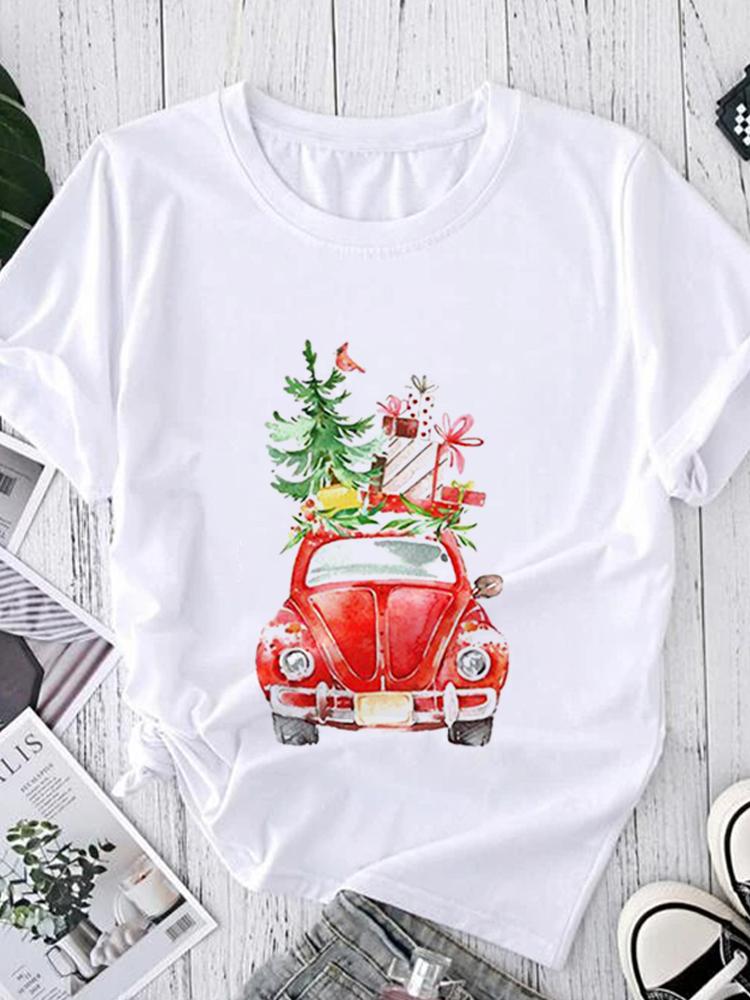 Women Tees Graphic Cartoon Christmas Print Wear Vacation Tops Tees Ladies Short Sleeve 90S Summer Fashion Trend Tshirt T-Shirt