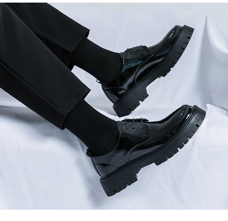 Men's Large Glossy Leather Lace-Up Loafers with Thick Sole and Chunky Heel