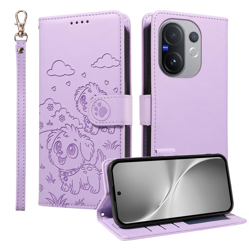 For vivo V60 5G Case RFID Blocking Imprinted Dog Pattern PU Leather Phone Cover with Wrist Strap