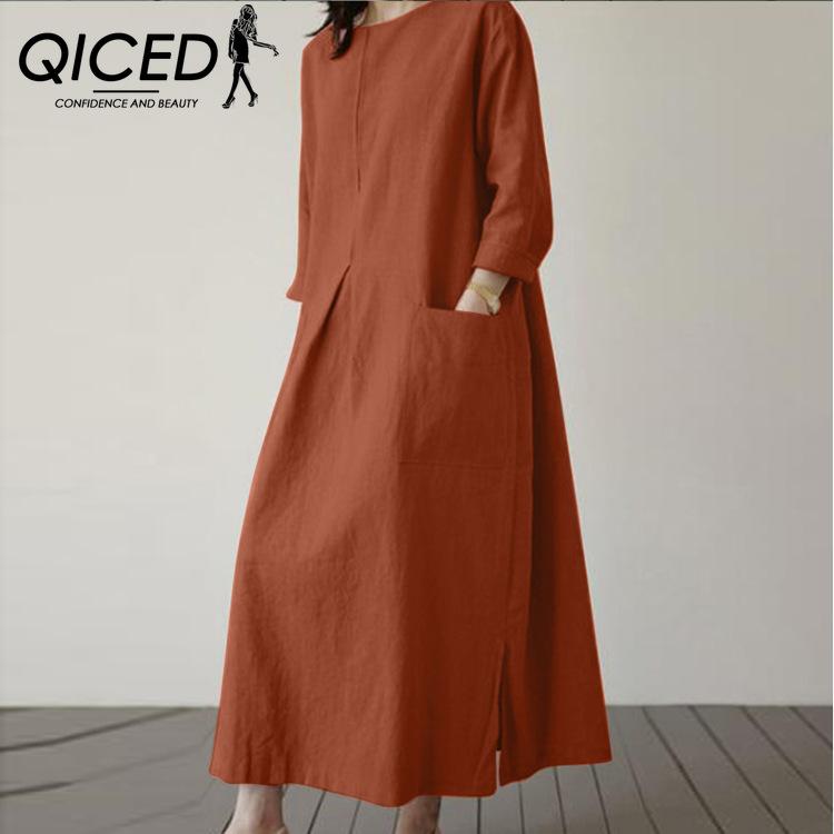 QICED Women Casual Cotton Long Dress O-Neck 3/4 Sleeves Casual Dresses