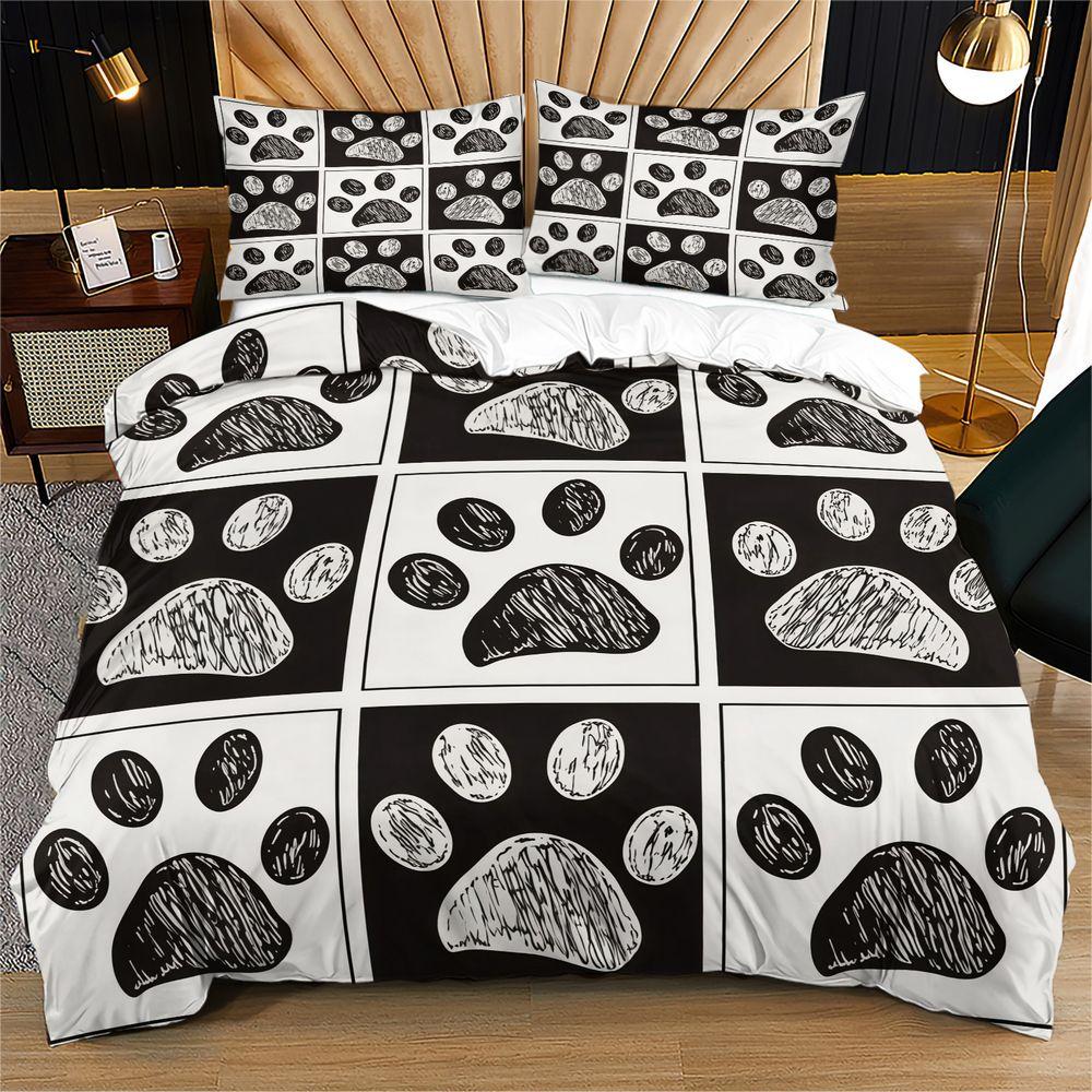 Black White Paw Print Duvet Cover Set, Modern Bedding Set, Soft Microfiber Digital Print Bedding for Pet Lovers 135x200cm