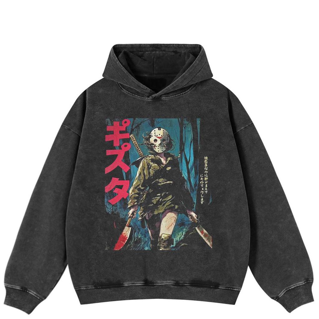 Streetwear Princess Mononoke Graphic Side Pockets Pullover Unisex Oversized Washed Black Hoodie