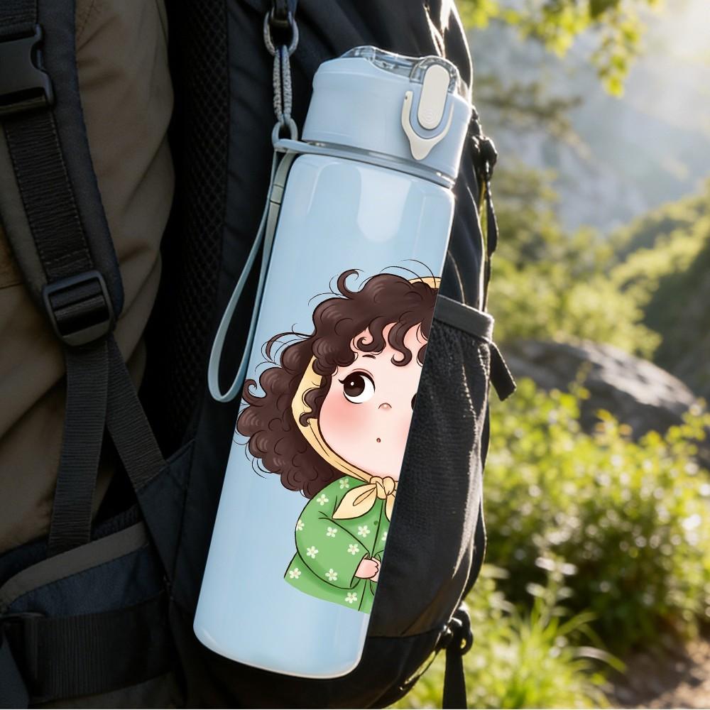 1PC Little Girl Dark Hood Cartoon Print 750ml Color Plastic Sports Water Bottle Leakproof Flip Straw Lid Suitable for Sports Office Home Use