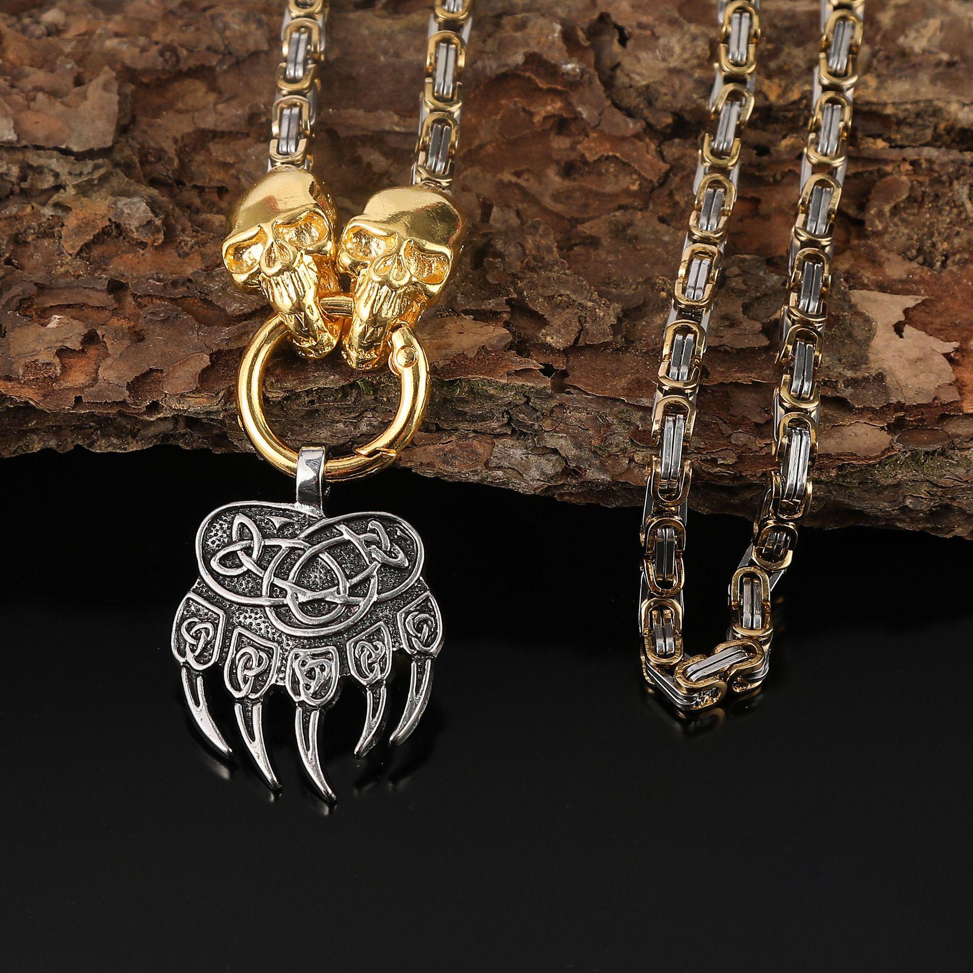 Viking Retro Skull & Wolf Pendant Necklace with Bear Claw and Warrior Design 60 cm