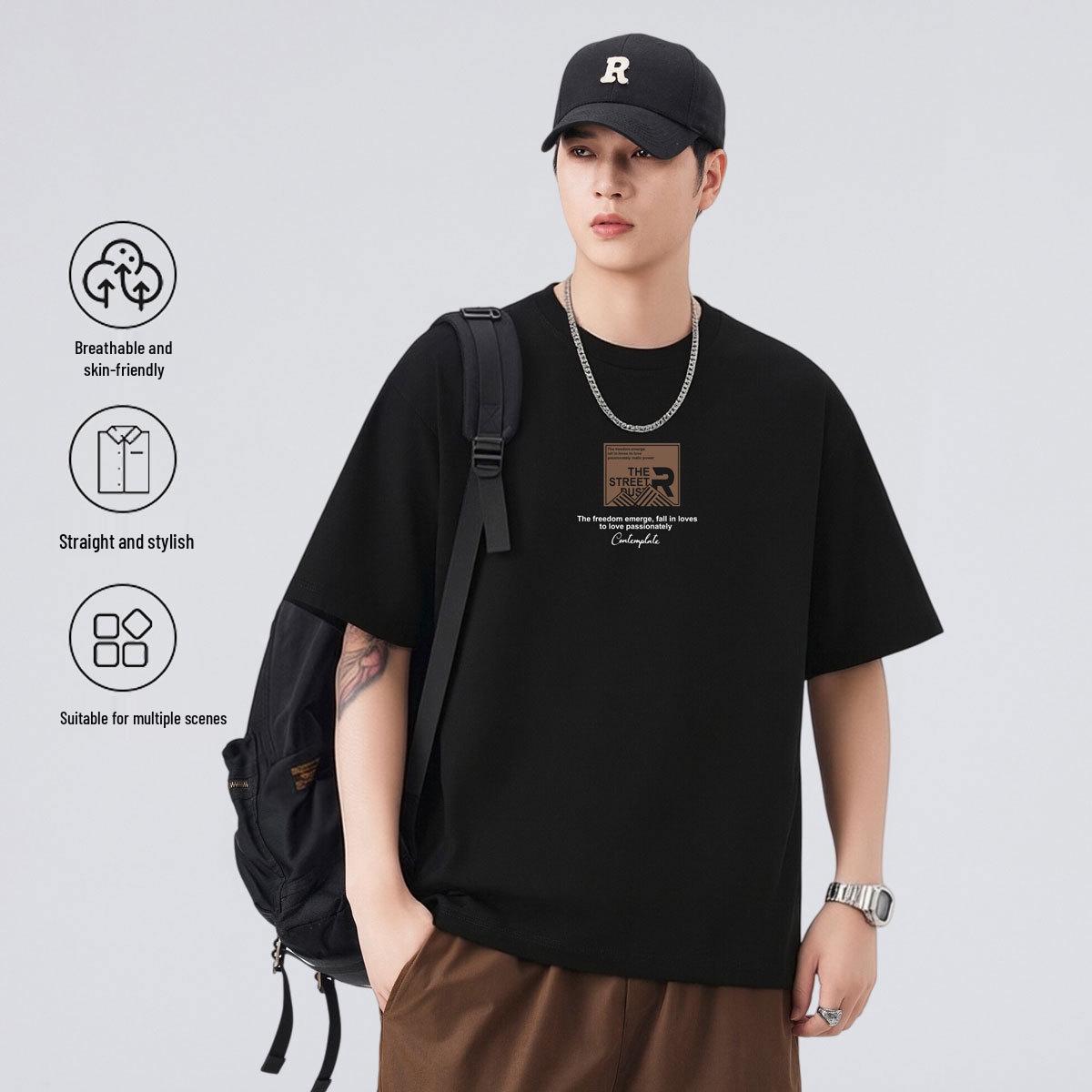 

Men s Trendy 2026 Round Neck Embroidery Print Drop Shoulder Heavyweight T-Shirt 2XL