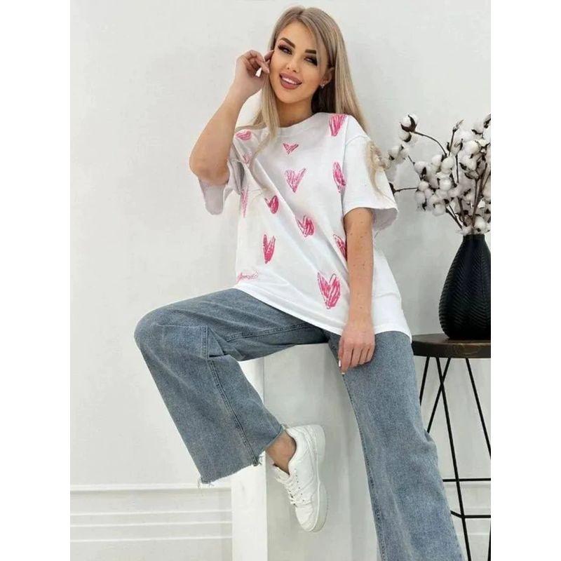 Fashion Printed Crew Neck Top Western Style Loose Casual Love Heart Print Cotton T-shirt Top