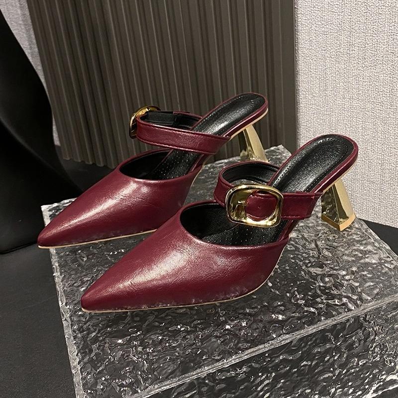 Fashion High Heel Slippers Summer New Sharp Head Shallow Mouth Metal Buckle Set Foot Anti-slip Wear-resistant Heel Shoes