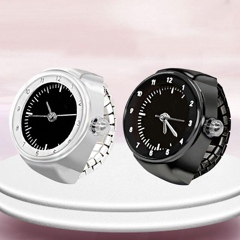 White Black Color Creative Vintage Punk Quartz Watches Finger Rings Women Men Mini Elastic Strap Clock Ring Creative Jewelry