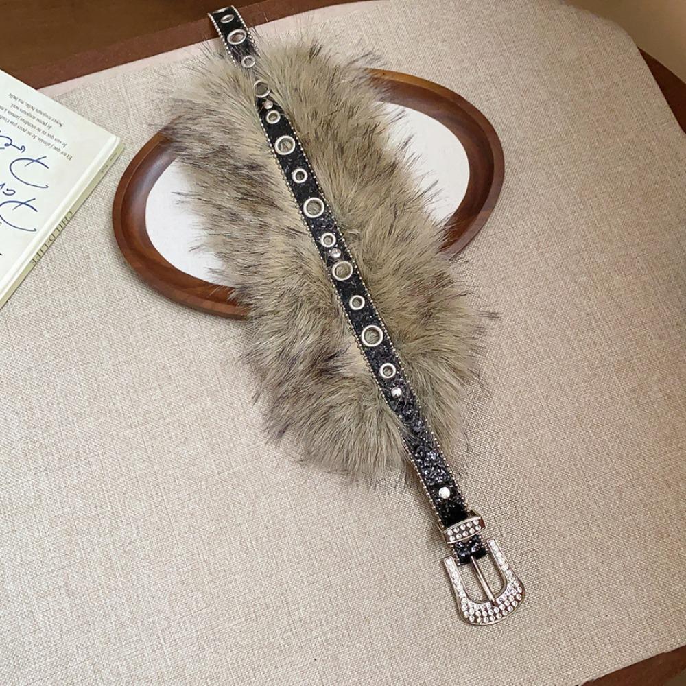 Rhinestone Leather Fur Belt Spicy Girl Style Y2K Plush Waist Belt Furry Waistband Dress Decoration