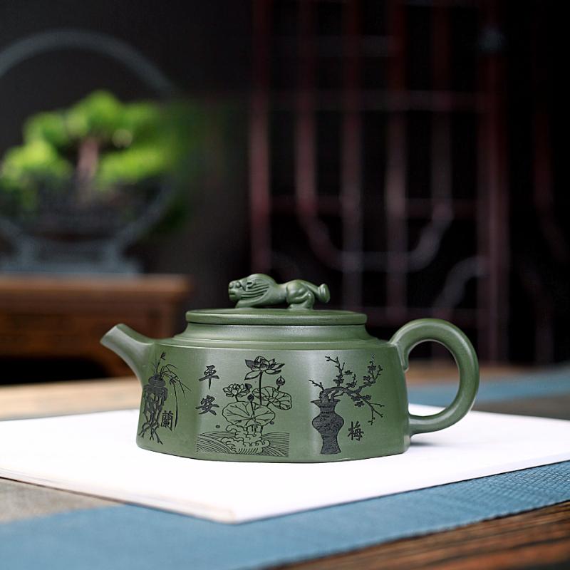 320ml Yixing Purple Clay Teapot Handmade Octagonal Lucky Auspicious Beast Pot Raw Ore Green Mud Kettle With Infuser Zisha Teaset