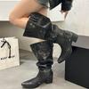 Fashion New Popular Shoes for Women  Knee High Boots Red Black White Tall Boots Woman Pleated Low Heel Casual Leather Female Long Shoes