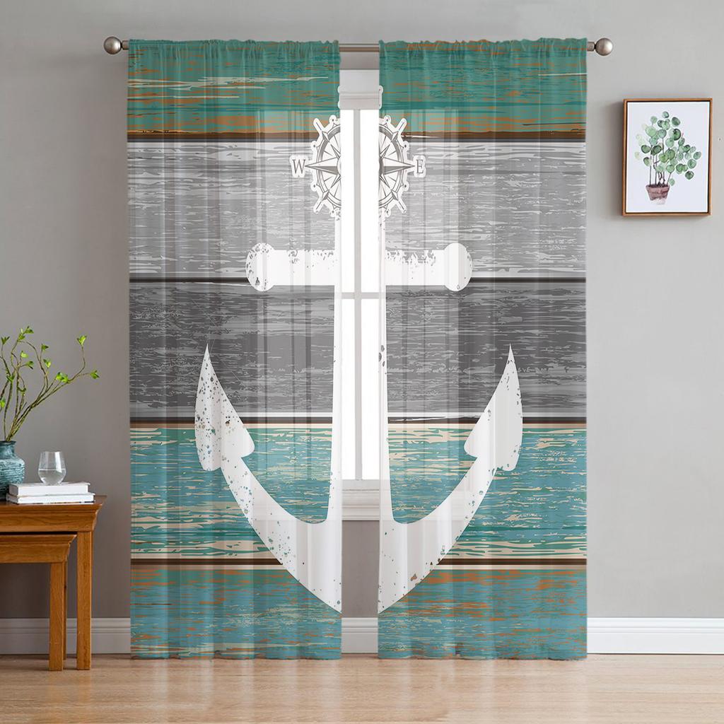 Vintage Farm Barn Wood Grain Boat Anchor Sheer Curtains for Living Room Modern Bedroom Voile Tulle Curtain Window Drapes
