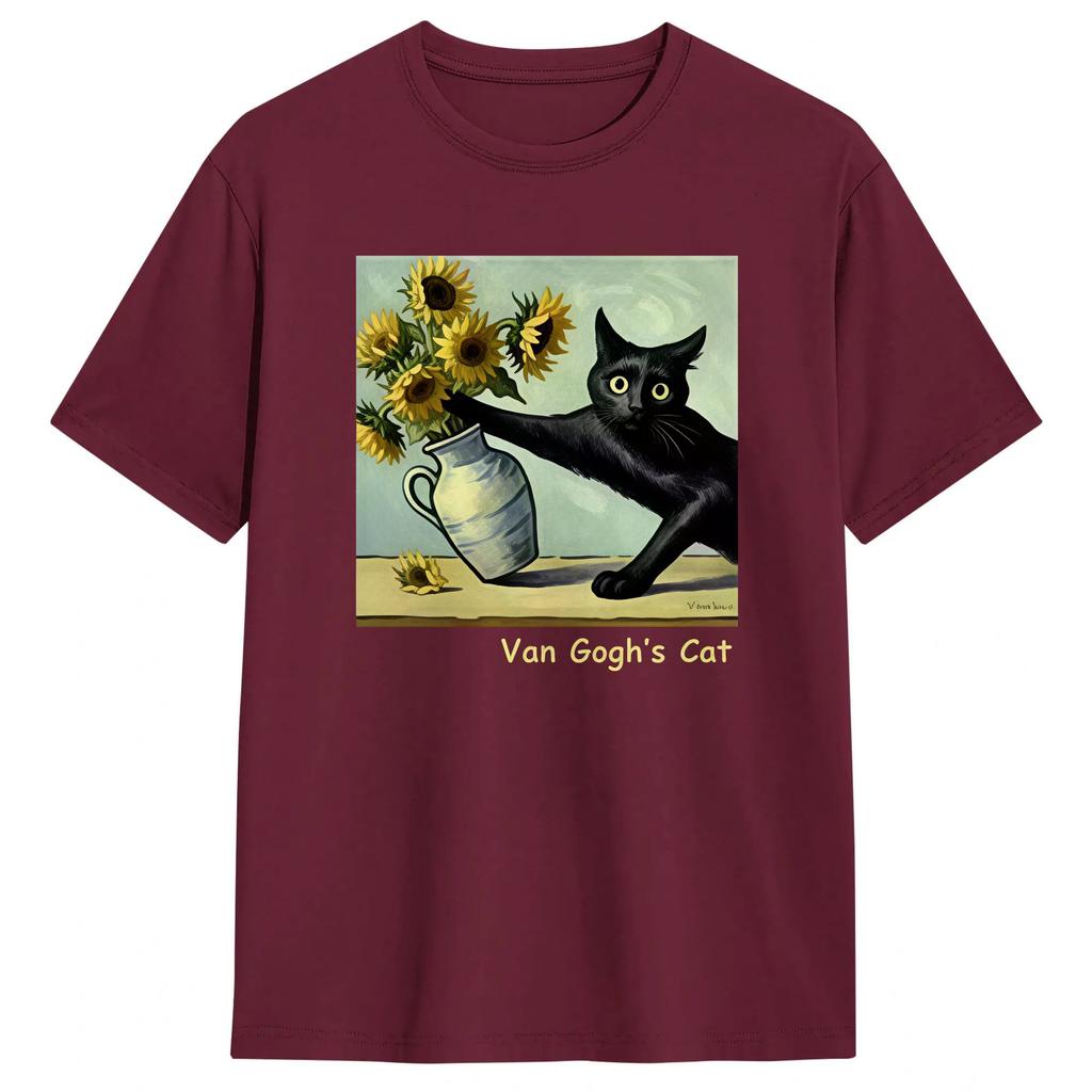 Men Tshirts Funny Van Goghs Cat Sunflower Vintage Pure Cotton Tees Short Sleeve T Shirts O Neck Clothing New Arrival