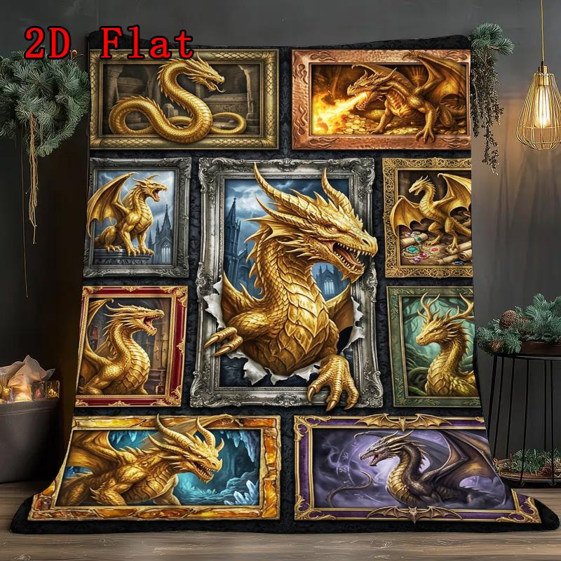 Golden Dragon Compilation 2D Flat Pattern Flannel Blanket, High Quality All Seasons, Home Decor, Warmth and Comfort, Perfect for Christmas Gifts.
