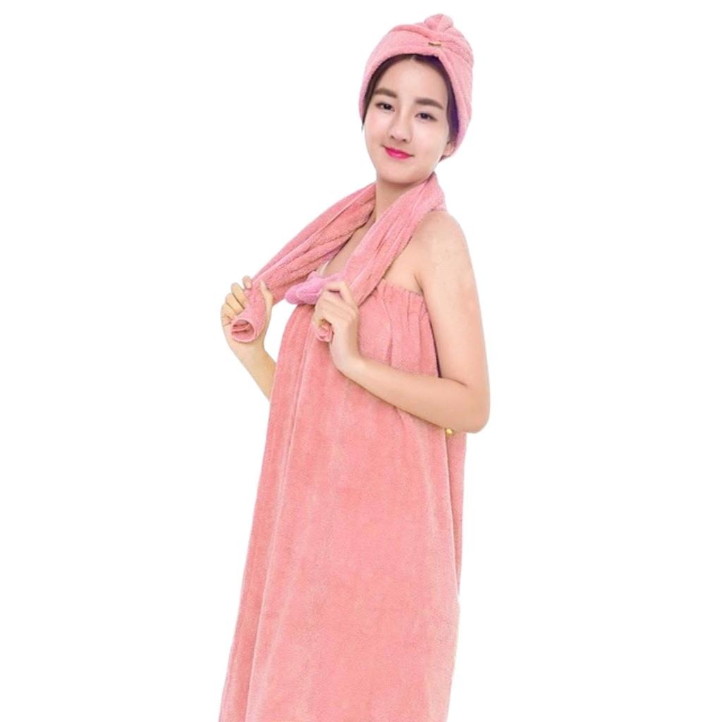 YUKIRA Wearable Bath Towel Robe Wrap for Women, Quick-Dry Microfiber Absorbent Bathrobe with Hair Drying Cap, Lightweight for Gym Pool Bath, Pink