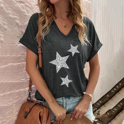 Moda V Yaka Üstler Kadın Tişörtleri Beş Köşeli Yıldız Baskılı Kadın Tişörtü Yazlık Kısa Kollu Günlük Bol Üstler Sokak Giyim