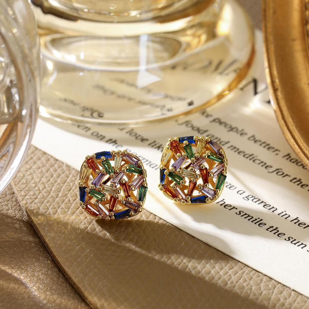 Hot Selling Dopamine Design Square Earrings: High-End Multi-Color Zirconia Studs, Real Gold Plated Ear Jewelry