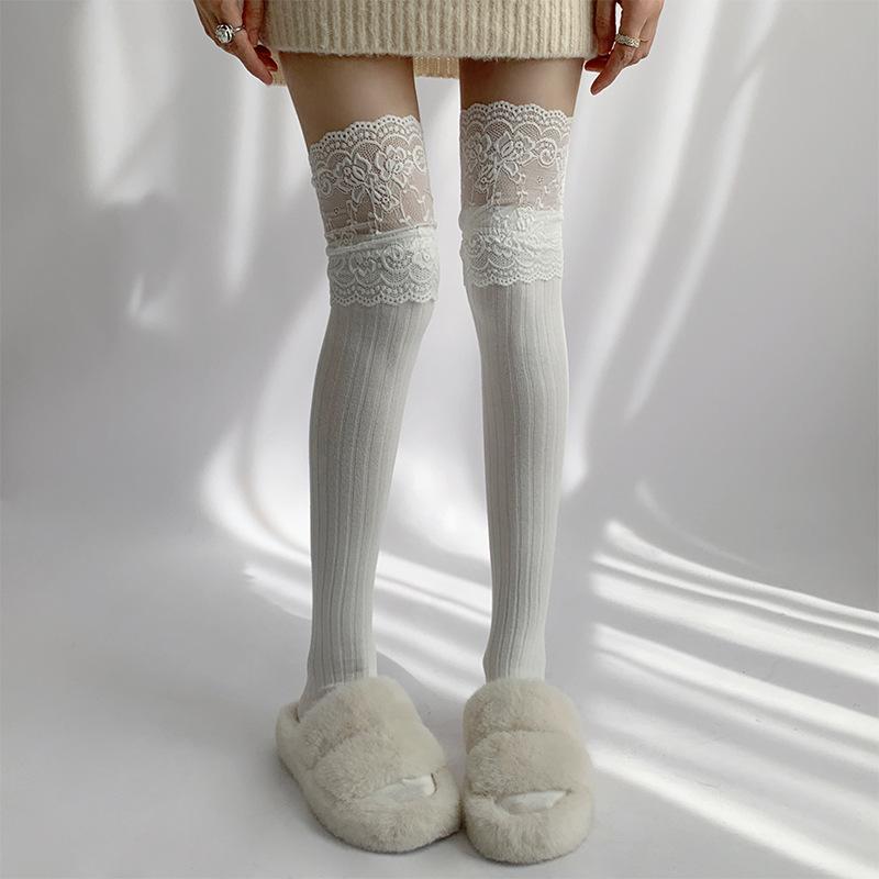 Lace Stockings Lolita Lace Patchwork Long Socks Women's Thigh-high Stocks Piles Of Socks Striped Cotton Over-the-knee Socks