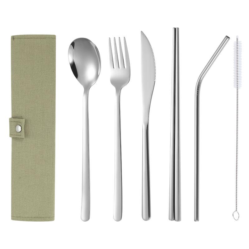 304 Stainless Steel Tableware Sets, Portable Tableware Bag, Knife, Fork, Spoon, Chopsticks, Straw, Full Sets, 6Pcs