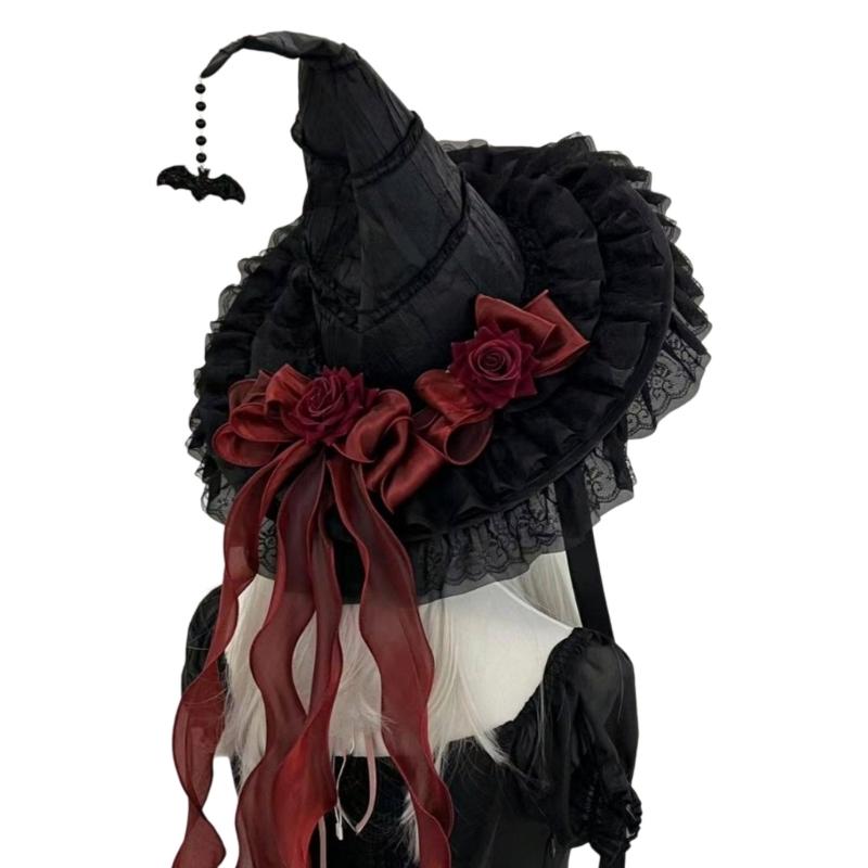 A52E Dark Witch Costume Hat Halloween Party Essential Bowknot Pointed Hat for Women