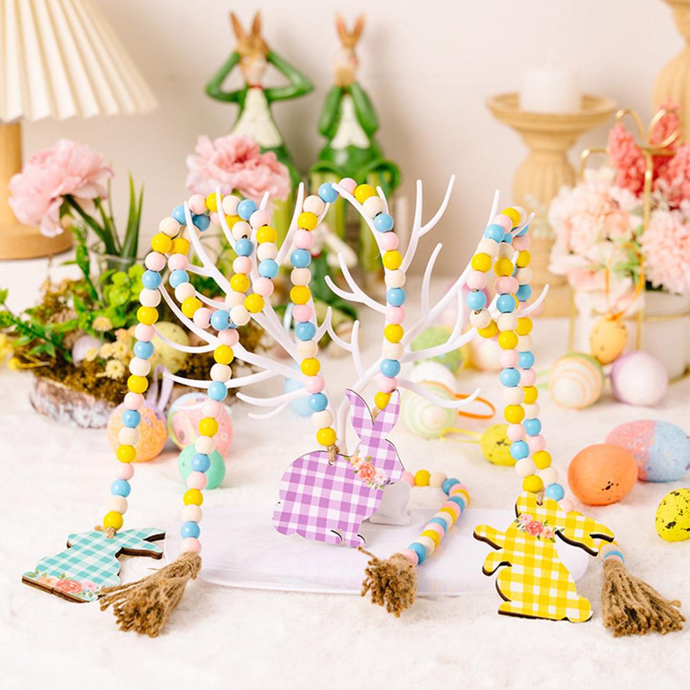 Easter Colorful Wooden Beads Hanging Garland With Plaid Print Rabbit Pendant For Easter Holiday Party