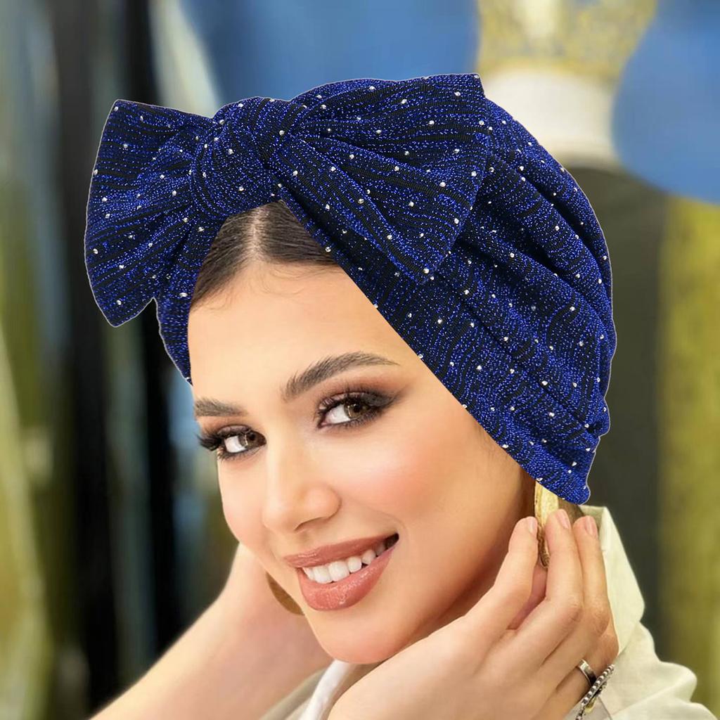 Shiny Silk Big Bow Turban Hat for Women Fashionable Headscarf with Sparkling Rhinestone Embellishments