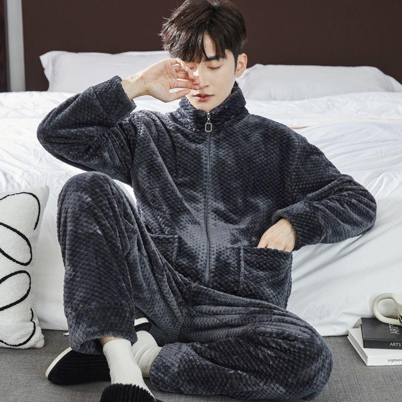 Men's Pajamas Winter Flannel Thickened Plus Velvet Homewear Autumn And Winter Days Warm Coral Fleece Zipper Style Two-piece Set