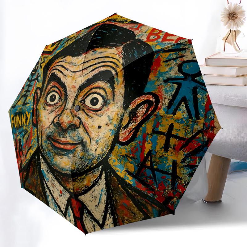 1pc Mr. Bean Artwork Automatic Open/Close Umbrella Folding Umbrella, Portable Compact Travel Umbrella, Gift for Men & Women y17