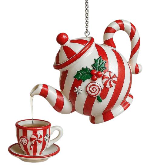 Yousheng Christmas Teapot Ornament Holly Vintage Tea Cups And Pot Set Xmas Tree Hanging Ornaments 2D Acrylic Teapot Decor with Pouring Tea Effect