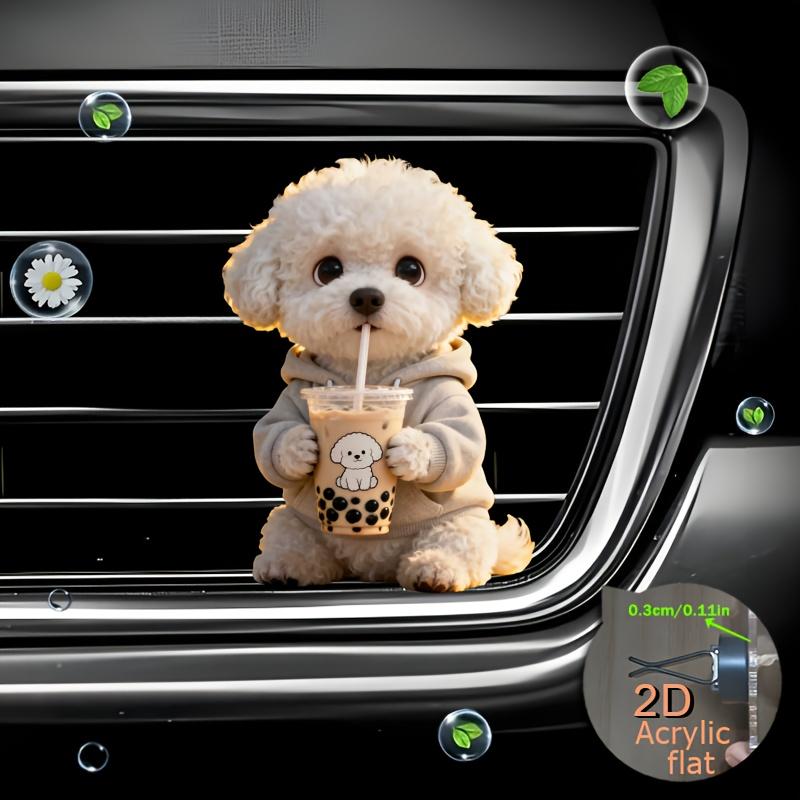 2pcs Bichon Frise Drinking Milk Tea Air Vent Clip Decoration, "fragrance-free", with Double Odorless Sponge Pads, "fragrance Diffuser"
