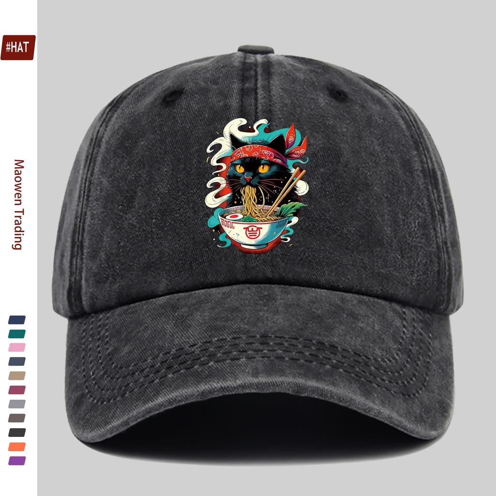 pc Japanese Anime Cat Ramen Print Trucker Cap Adjustable Buckle Strap Washed Baseball Hat Suitable for Men Women Vintage