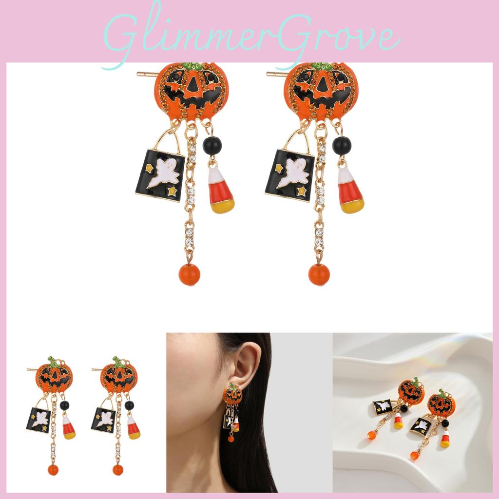 Creative Stylish Halloween Pumpkin Skull Tassel Earrings With Sparkling Zircon Stones For Women