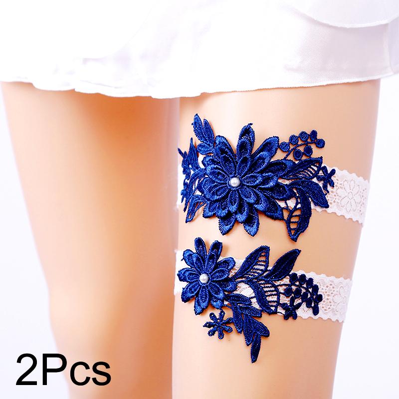 2 stücke Hochzeit Braut Strumpfbänder Spitze Blumen Nachahmung Perlen Elastische Bein Schleife Elegante Oberschenkel Bein Strumpfband Hochzeit Kleid Zubehör