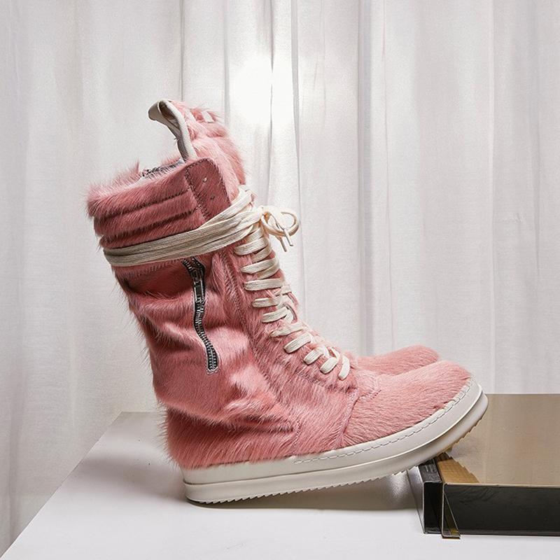 Couple Style Leisure Thick Bottomed Boots Shoes Luxury Horsehair Genuine Leather High Top Zippers Lace Up High Street Sneakers