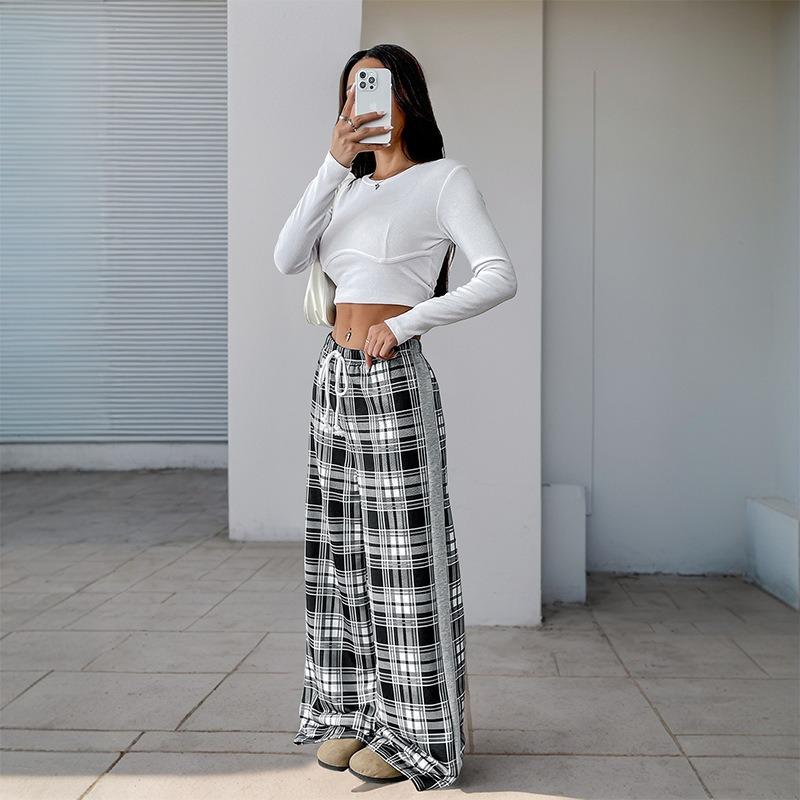 YYFS Women's Fashion Casual Plaid Print High Waist Trousers Pants & Capris