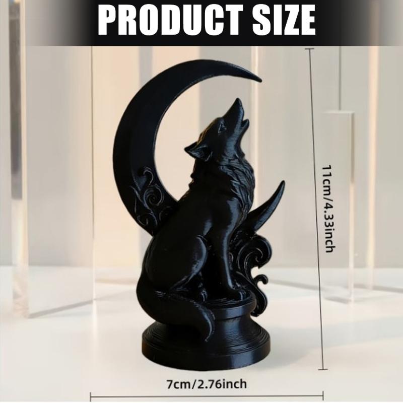3D Printed Wolf Sculpture with Visible Layered Texture, Moon and Scrollwork Composition for Animal-Themed Entryway or Living Room Decors