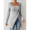 Button Embellished Asymmetric Hem T-Shirt, Casual Ribbed Long Sleeve Top, Spring Autumn, Women's