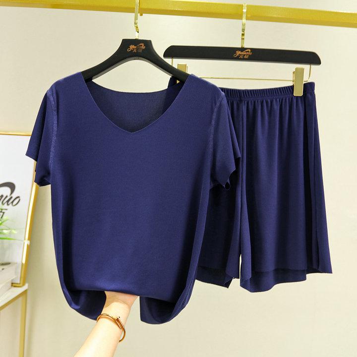 Nuovo due pezzi estivo in seta ghiacciata: Top a maniche corte con scollo a V e pantaloni casual drappeggiati a gamba larga
