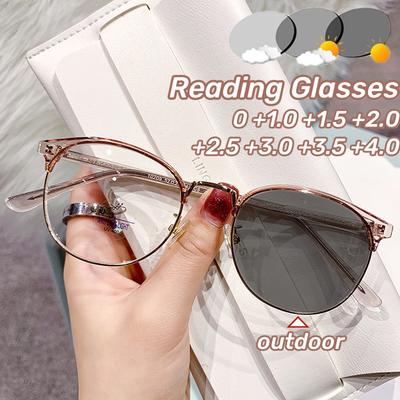 Women Vintage Metal Photochromic Eyeglasses Classic Round Anti Blue Light Reading Glasses Female Presbyopia Eyewear