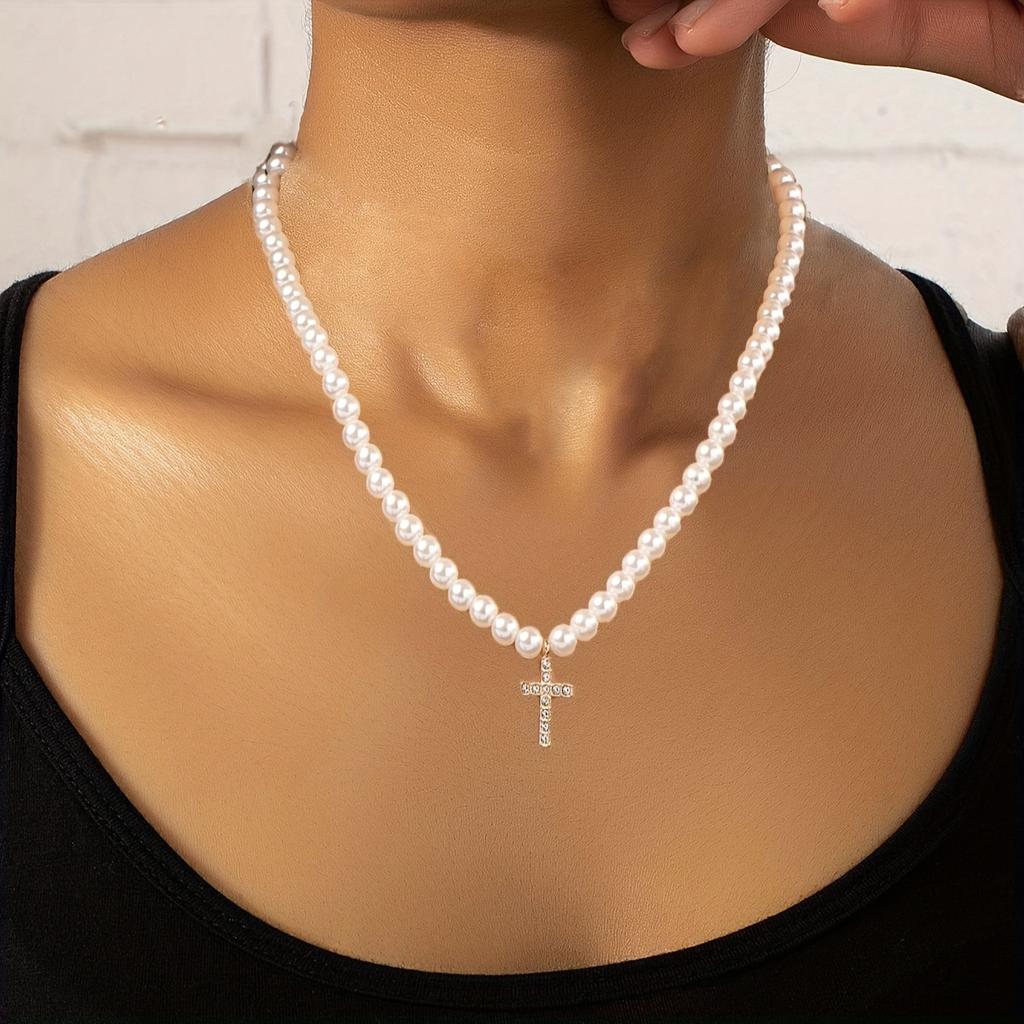 Simple Cross Pendant, Pearl Necklace, Retro Style Niche Design Sense, Same Item.