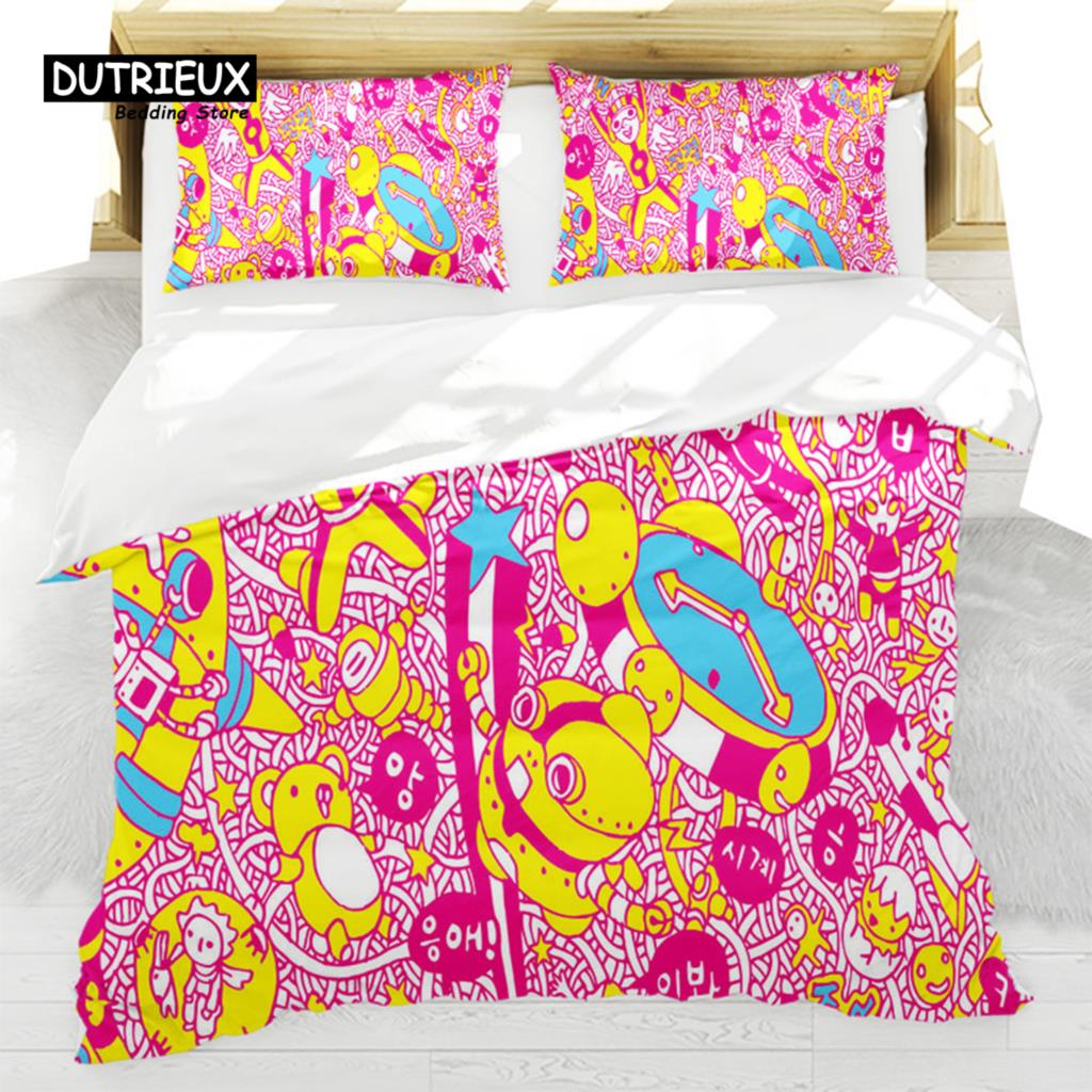 Abstract Art Painting Duvet Cover Colorful Cartoon Pattern Bedding Set Microfiber Quilt Cover Twin Full For Kids Girl Teen Decor
