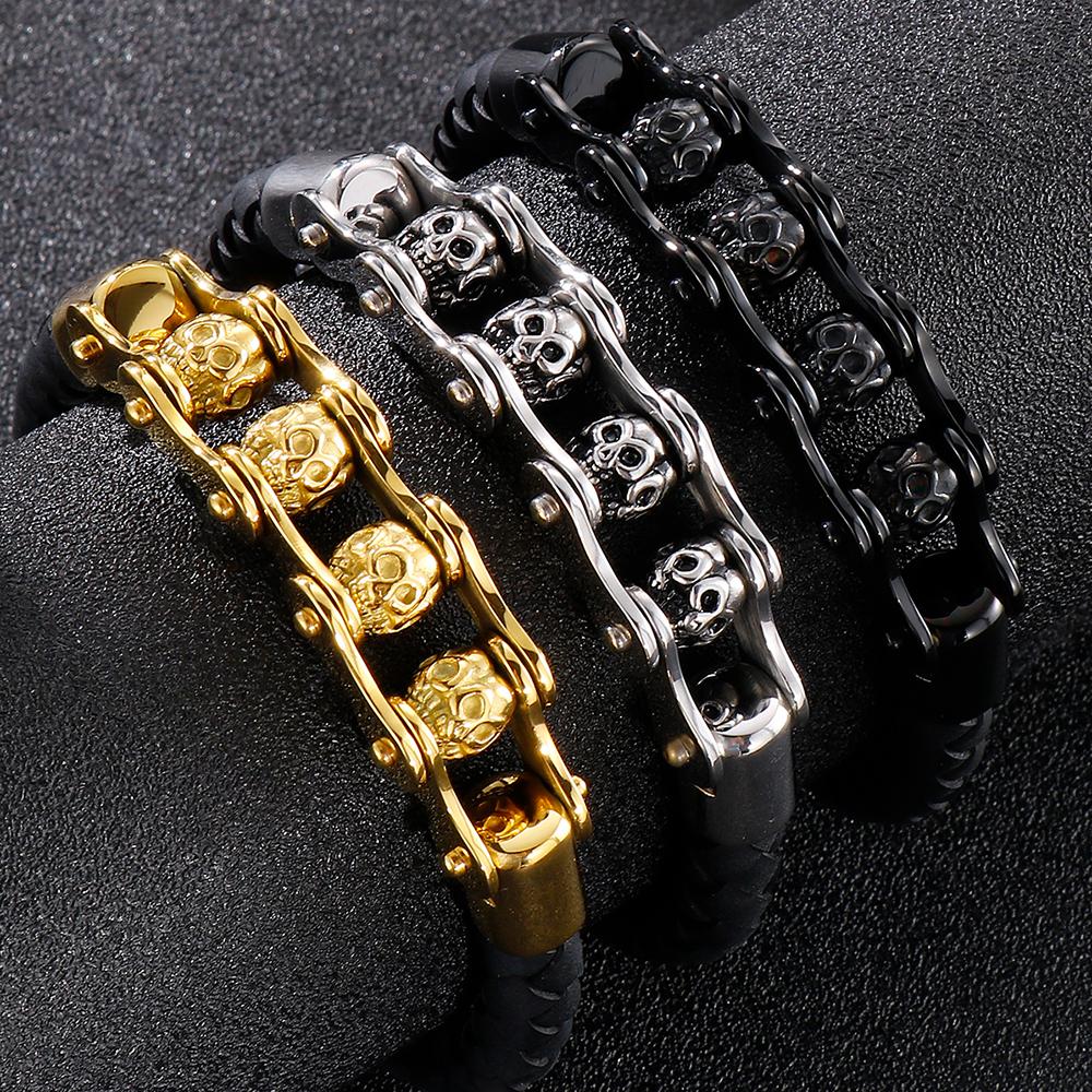 Rotatable Relieve Stress Skull Head Beads Bracelets for Man Punk Gothic Stainless Steel & Leather Motorcycle Biker Jewelry Gifts