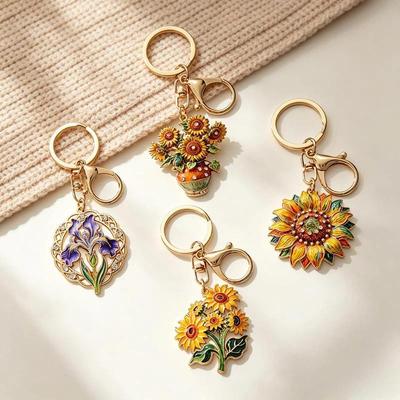 Llavero de Flores Vintage Girasol Iris Aleación Esmalte Colgante Portallaves Patrón Artístico Colgante Accesorio Para Decoración de Bolso Llavero Regalo