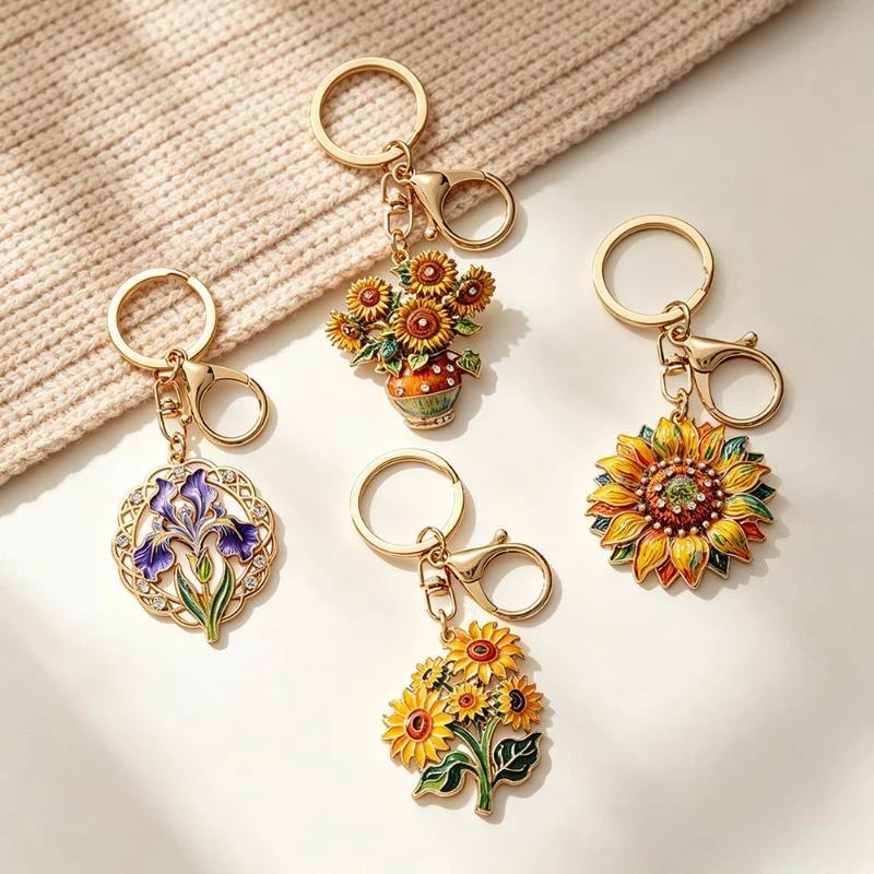 Vintage Blumen-Schlüsselanhänger Sonnenblume Iris Legierung Emaille Anhänger Schlüsselhalter Kunstmuster Anhänger Zubehör für Taschendekoration Schlüsselanhänger Geschenk
