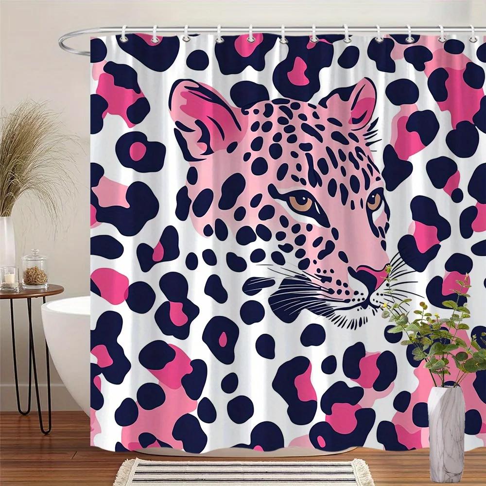 

Leopard Head & Spots Shower Curtain - Pink & White Leopard, Yellow Eyes, Black Spots, Minimalist Design, Machine Washable W90xH180cm