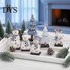 Holiday Wood Ornaments 7Pcs Christmas Snowman Tree Reindeer Figurines, 2D Wooden Tiered Tray Easy Storage Crafts Decor, Rustic Farmhouse Tabletop
