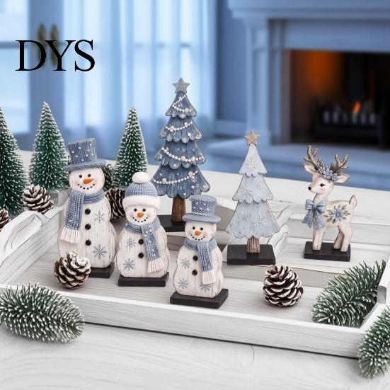 Holiday Wood Ornaments 7Pcs Christmas Snowman Tree Reindeer Figurines, 2D Wooden Tiered Tray Easy Storage Crafts Decor, Rustic Farmhouse Tabletop