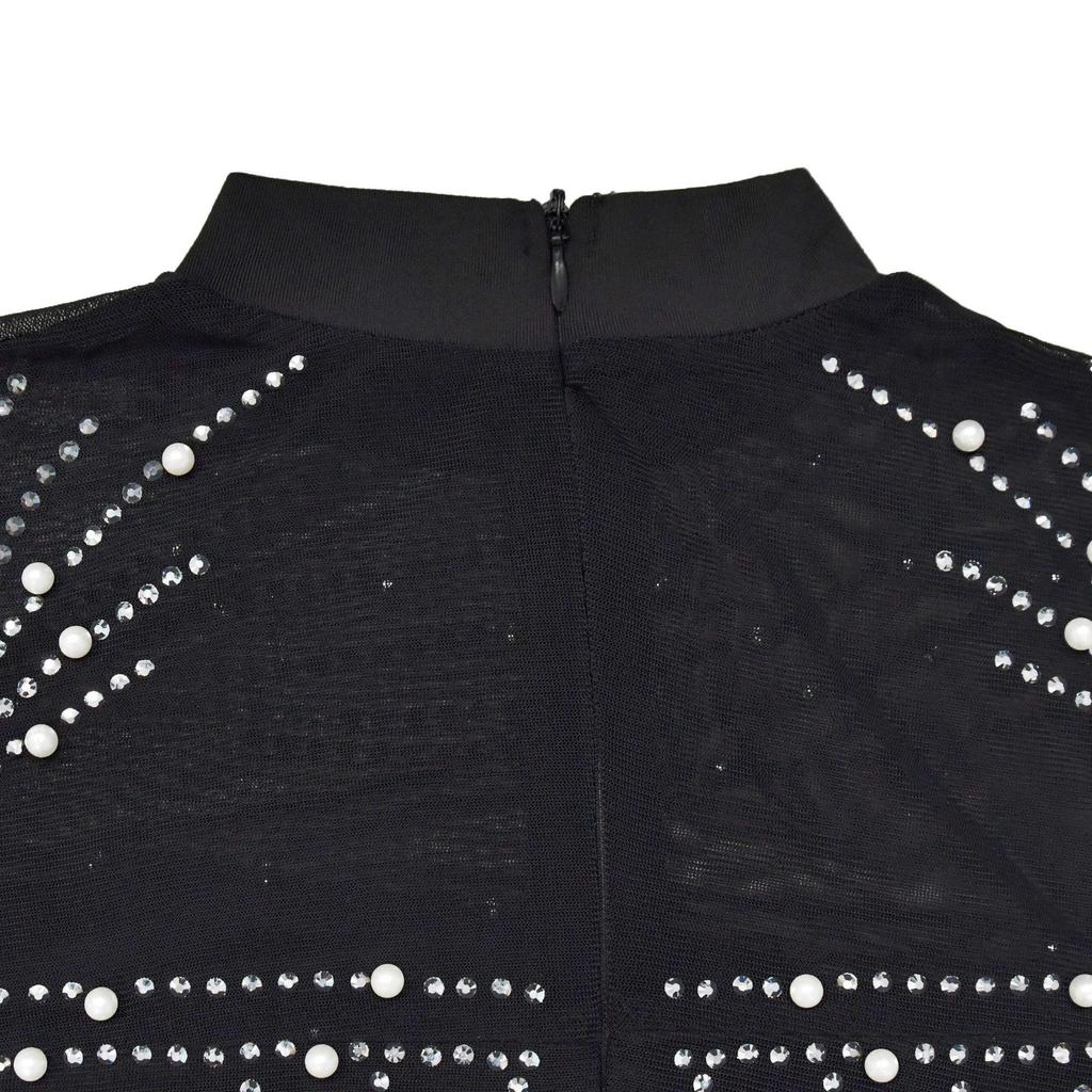 European & American Fashion Women's Long Sleeve Mesh Dress with Beaded Short Skirt